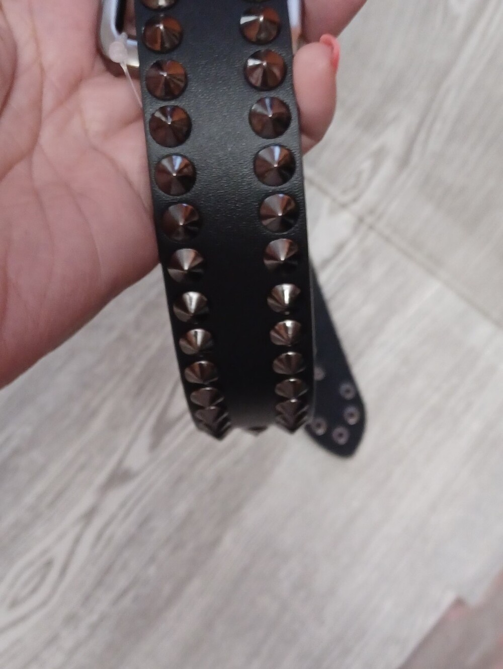 Men's Black Studded Leather Belt with Metal Eyelets - Picture 5 of 6